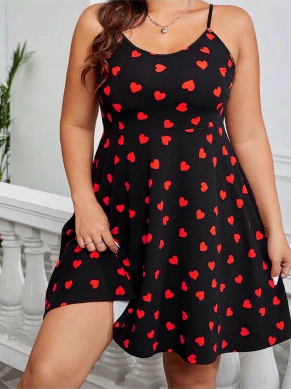 SHEIN Black Slip Dress with Red Heart Print